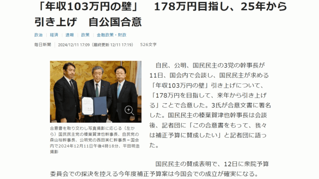 103万の壁を来年から178万円を目指して引き上げることに合意した自民公明国民民主3党