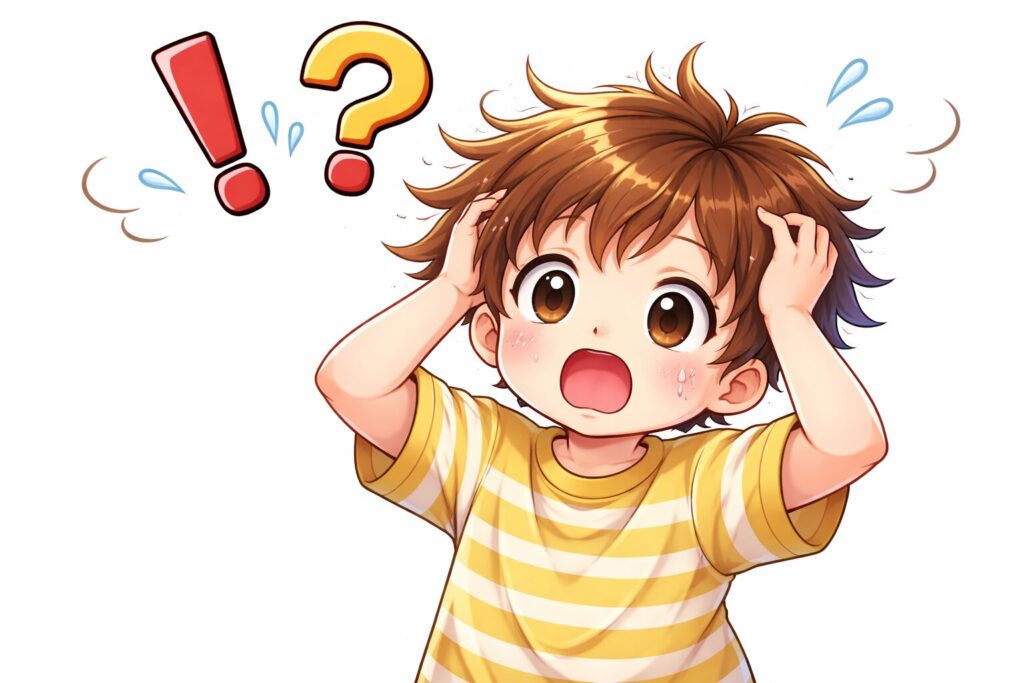 男の子が慌てていて、頭の上に感嘆符と疑問符が飛んでいる