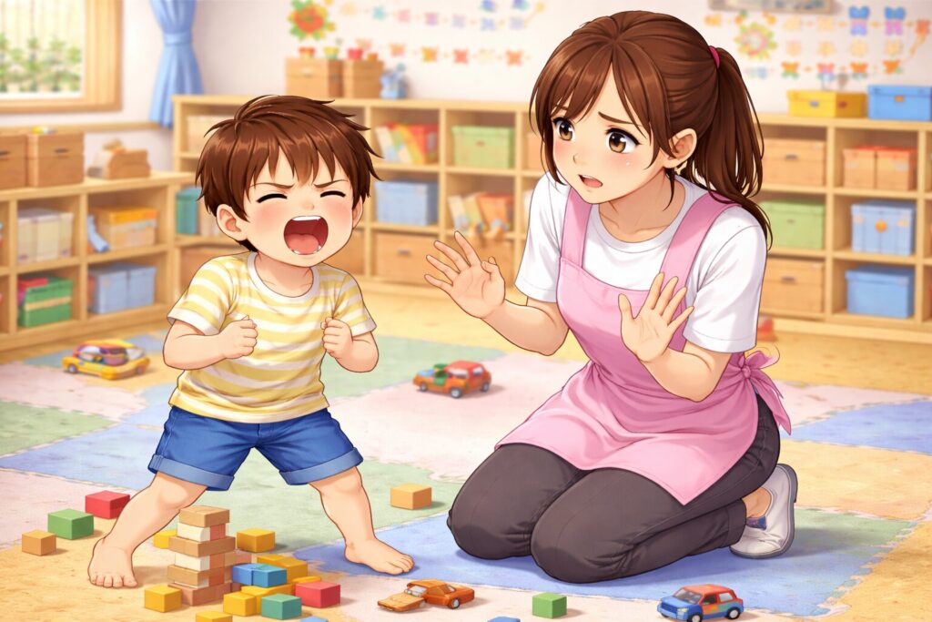 園で男の子が癇癪を起こしている、横で保育者が戸惑っている