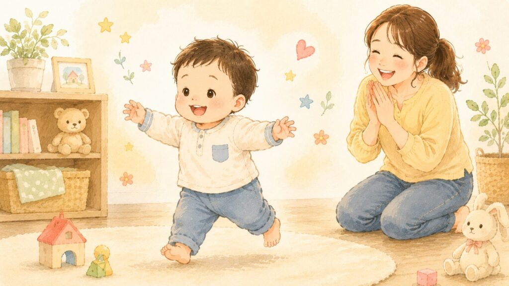 一人歩きをしている赤ちゃんとそれをみて喜んでいるお母さん