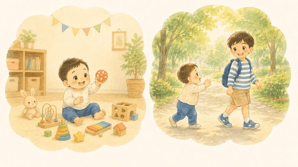 左側におもちゃを手に遊びを楽しむあかちゃん、右側に兄を追いかけて歩く赤ちゃん