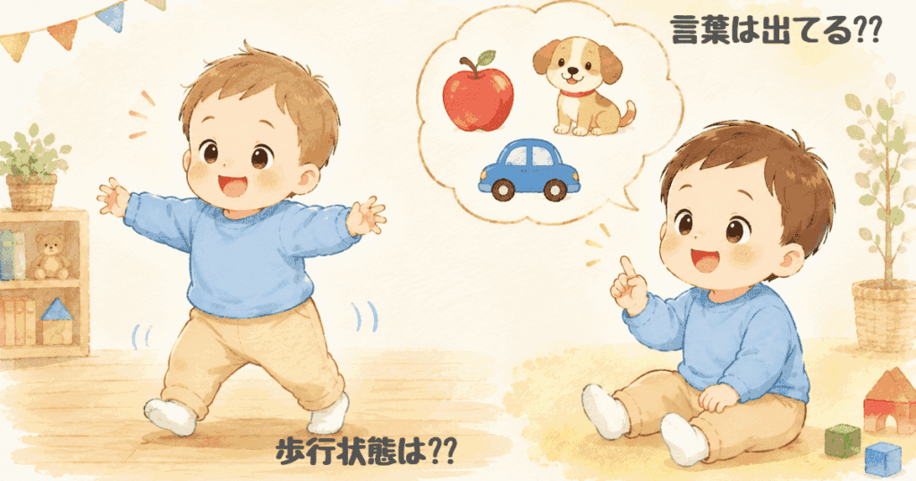 一人歩きしている子とりんごや犬、車の名前を言う子
