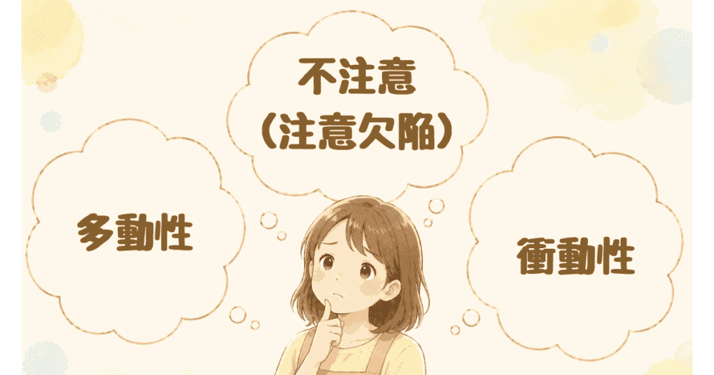 不注意(注意欠陥)、多動性、衝動性の3つを吹き出しでお母さんがイメージしている
