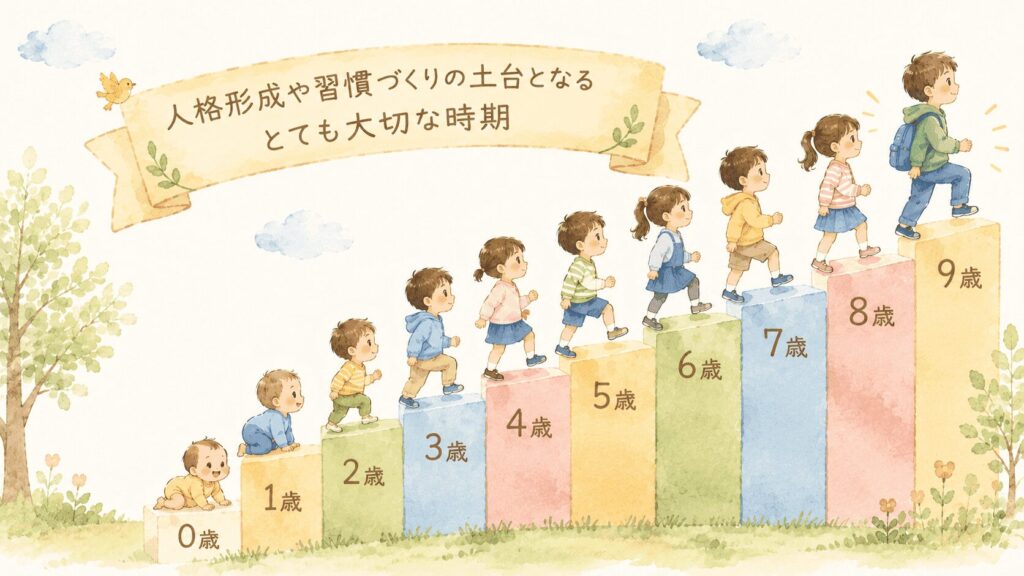 人格形成や習慣づくりの土台となるとても大切な時期
0歳から9歳までの階段を子どもが登っている