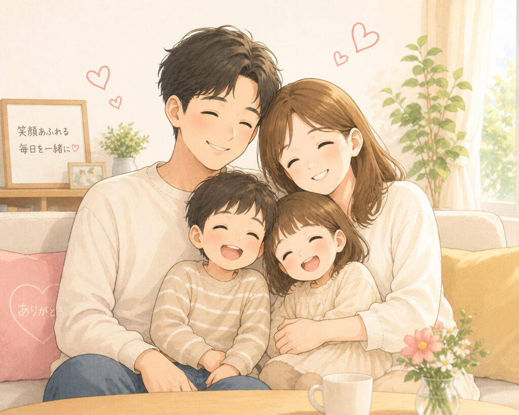 家族4人が仲良くほほ笑む