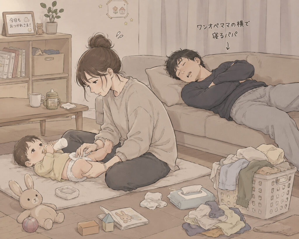 ママが1人で子どもの面倒を見ている横でパパは寝ている